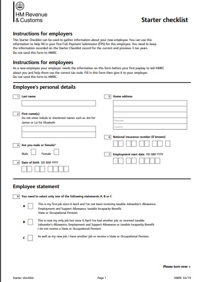 HMRC Starter Checklist
